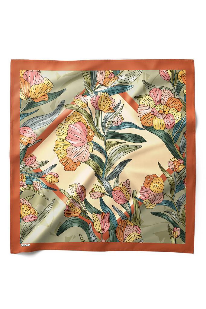 Amber Çiçek Desenli Saten Fular 55x55