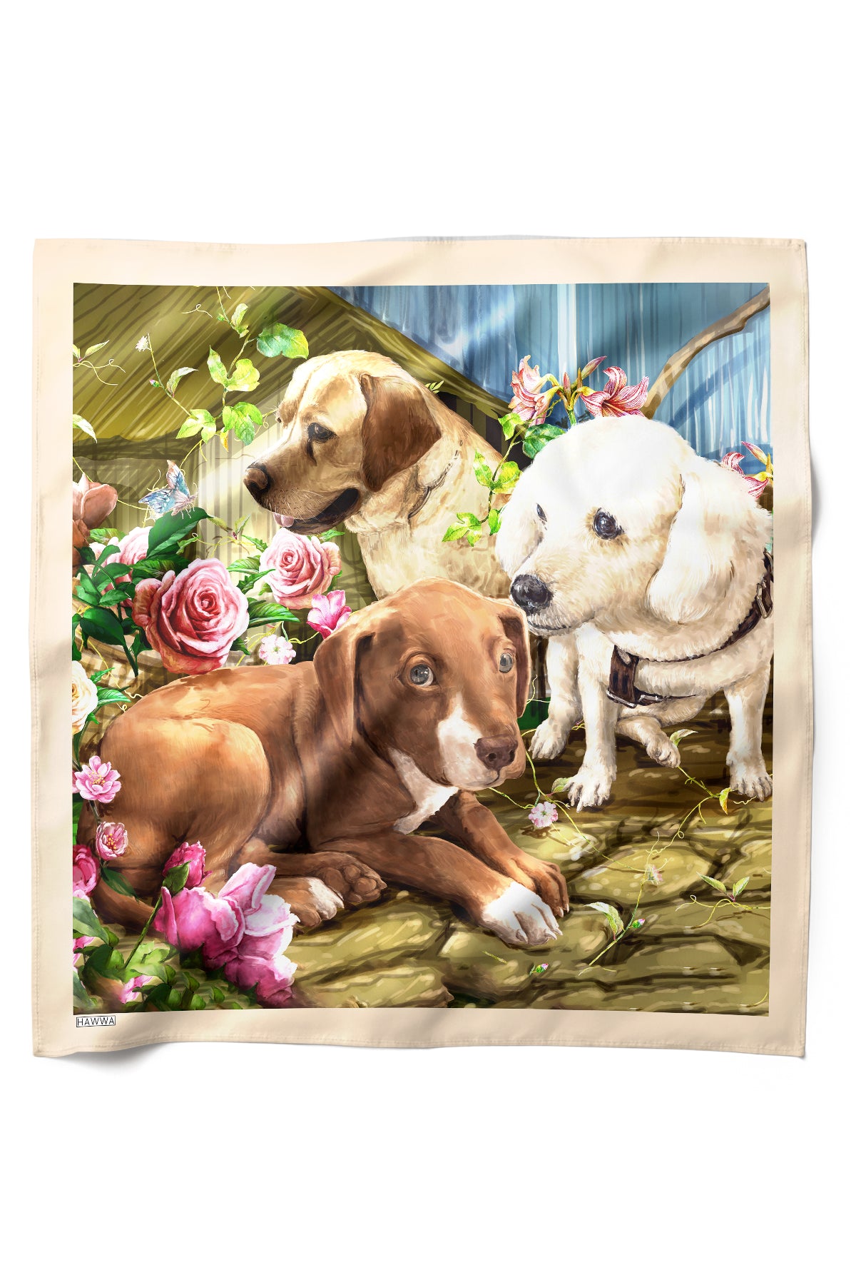 Floral Köpek Dostları Desenli Saten Fular