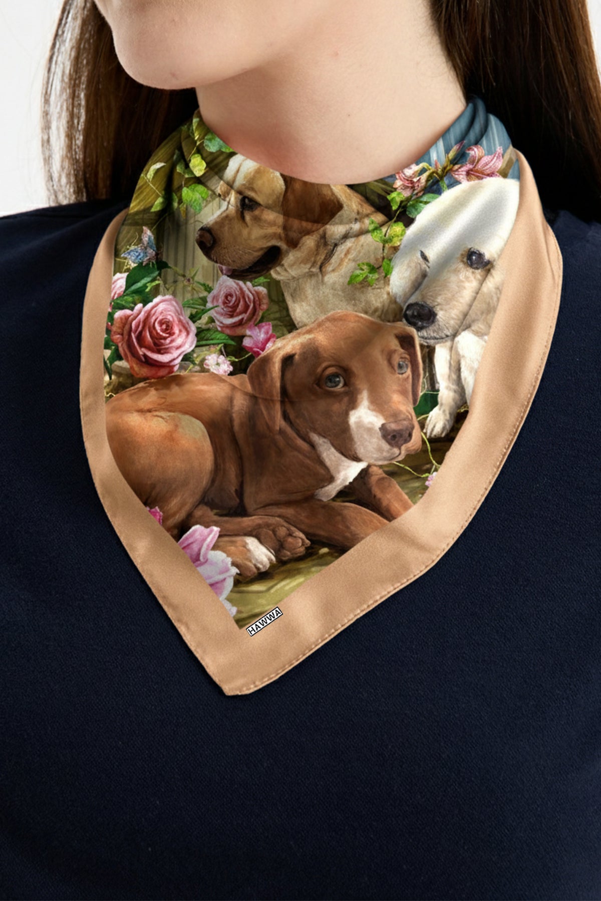 Floral Köpek Dostları Desenli Saten Fular