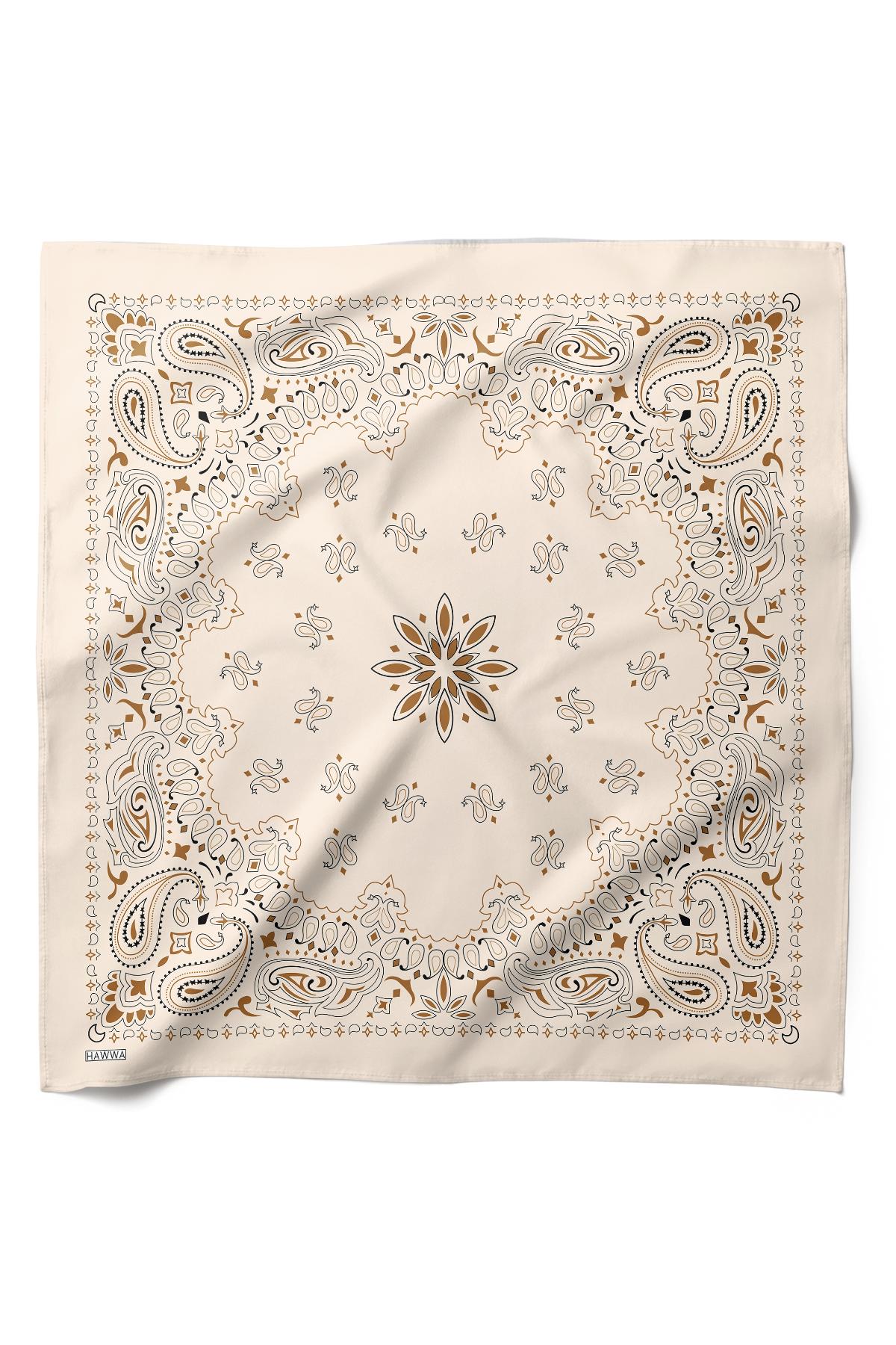 Krem Paisley Desenli Saten Fular