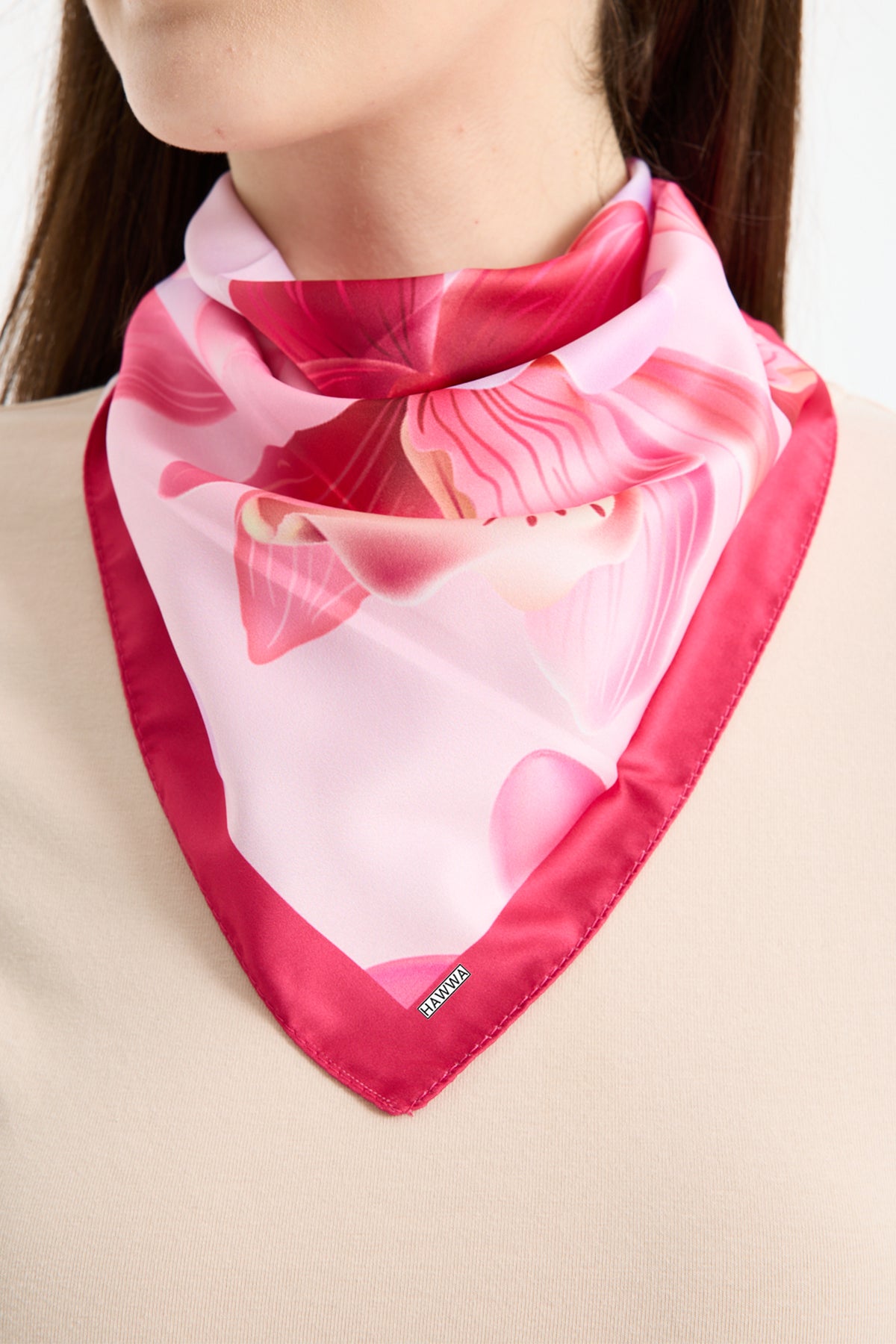 Pembe Orkide Desenli Saten Fular