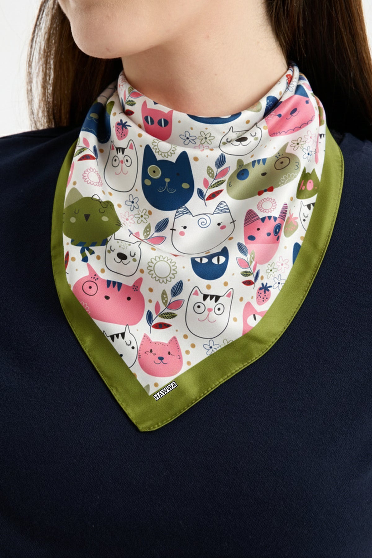 Sevimli Kedi Desenli Saten Fular