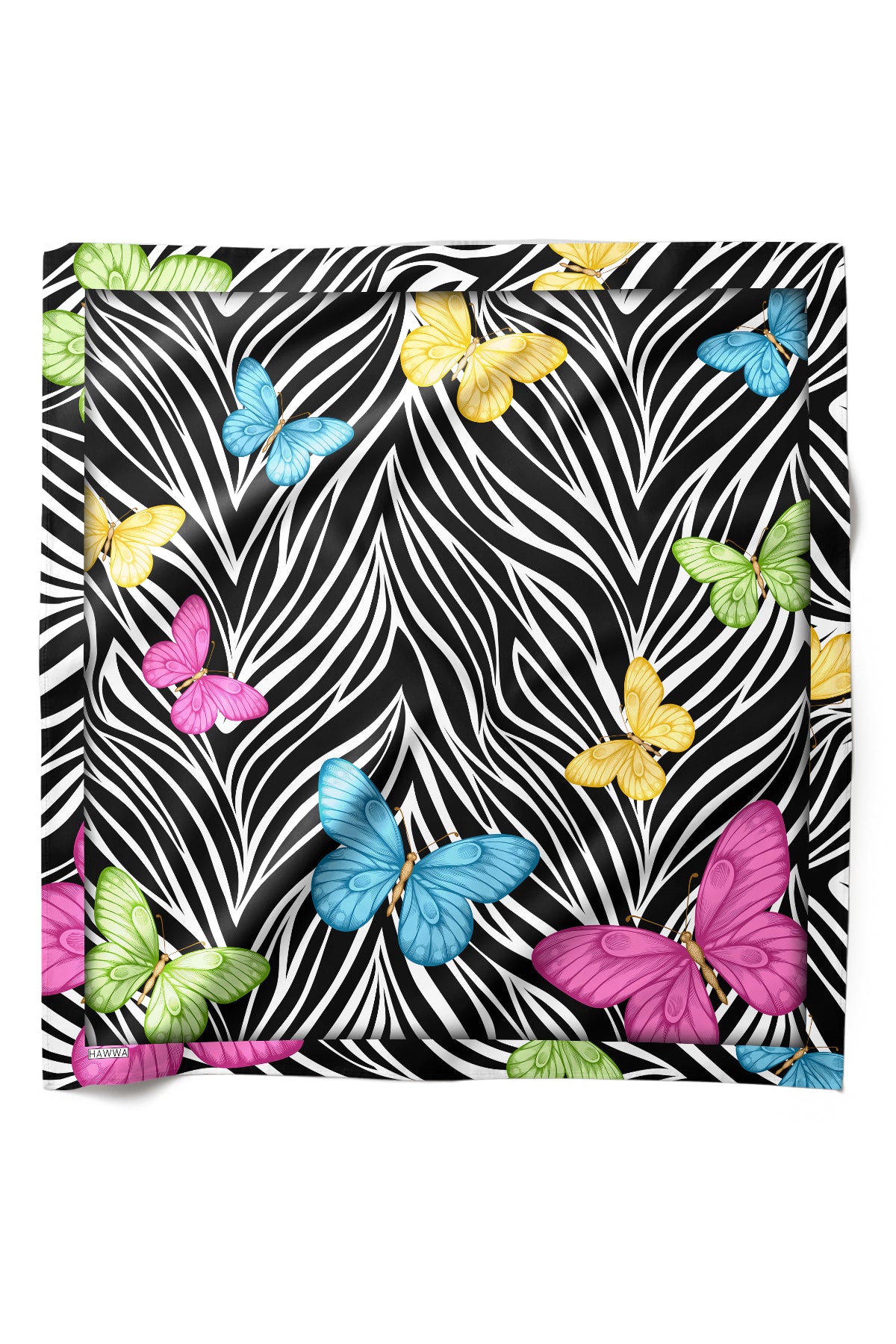 Zebra & Kelebek Desenli Saten Fular