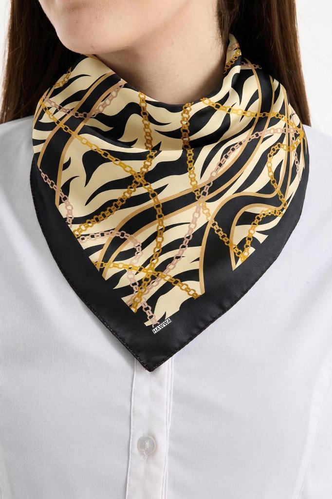 Zebra Zinciri Desenli Saten Fular
